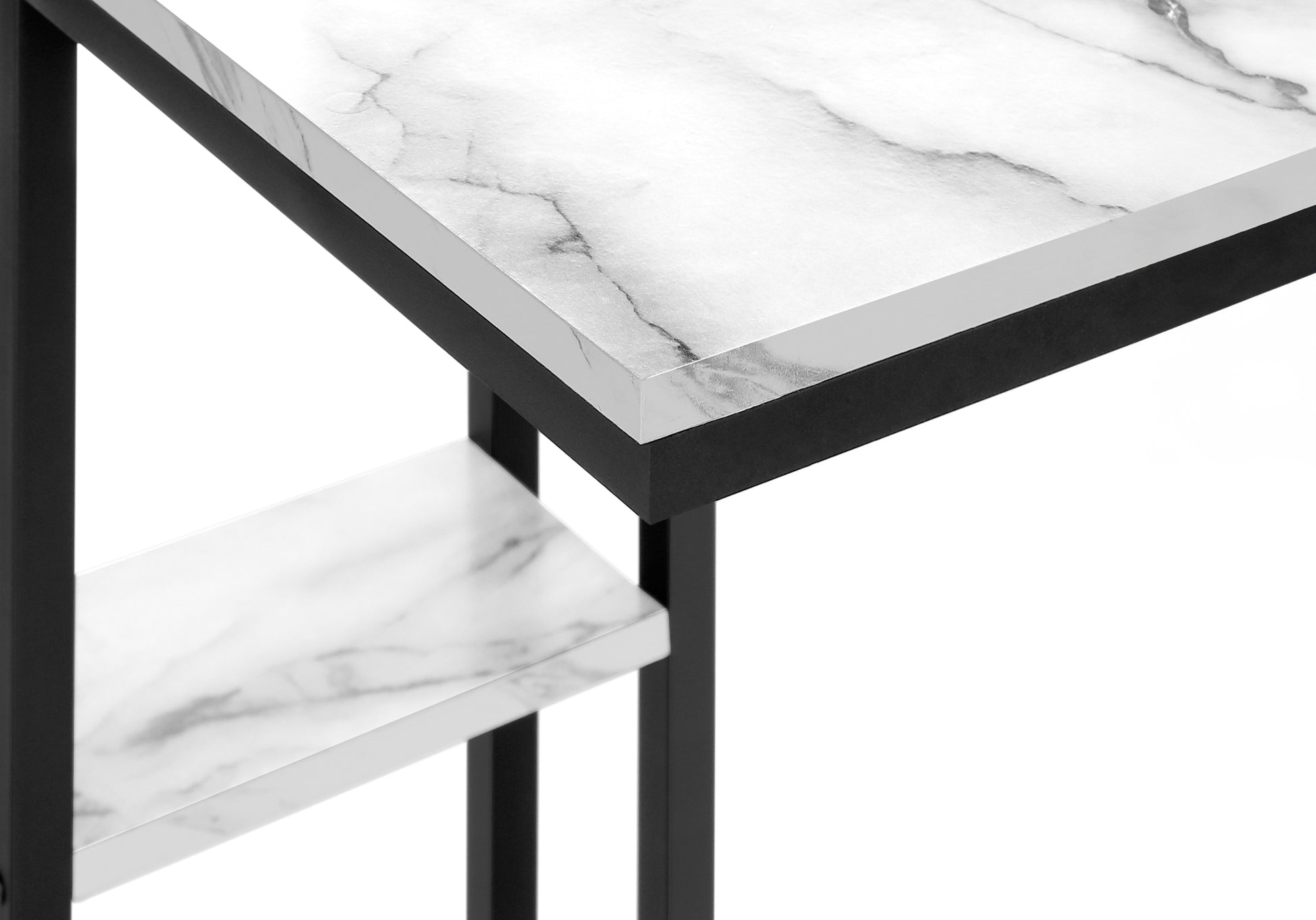 Accent Table, C Shaped, End, Side, Snack, Living Room, Bedroom, White Marble Look Laminate, Black Metal, Contemporary, Modern White Particle Board