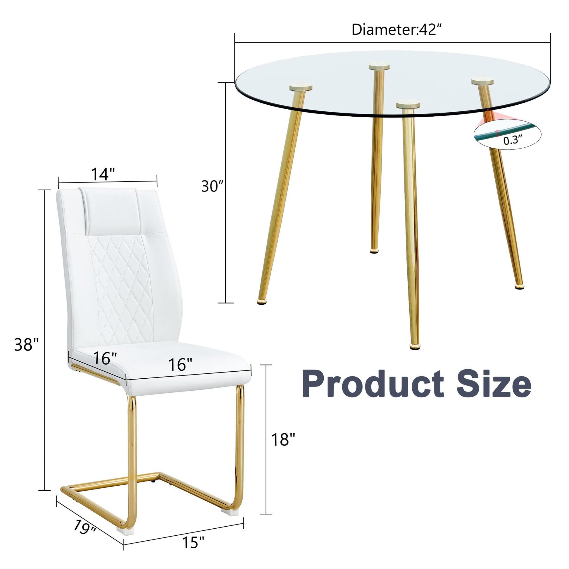 A Modern Minimalist Style Round Transparent Tempered Glass Table With Gold Metal Legs, Paired With 4 Modern Pu Leather High Back Dining Chairs Bring A Luxurious Experience. White Seats 4 Glass Metal