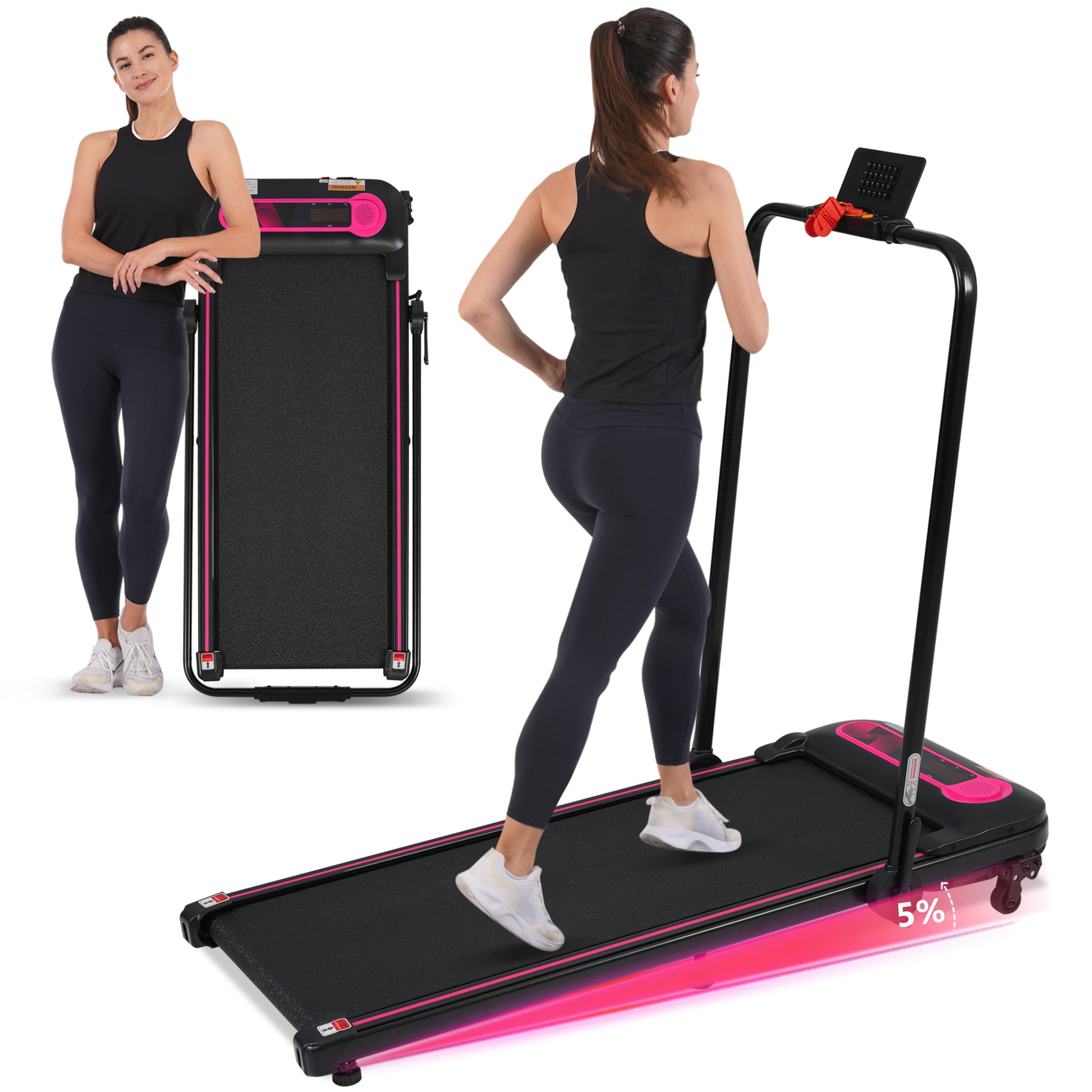 Folding Walking Pad Under Desk Treadmill For Home Office 2.5Hp Walking Treadmill With Incline 0.5 7.5Mph 300Lbs Capacity Treadmill For Walking Running Two Ways To Adjust Speed Indoor Fitness Pink