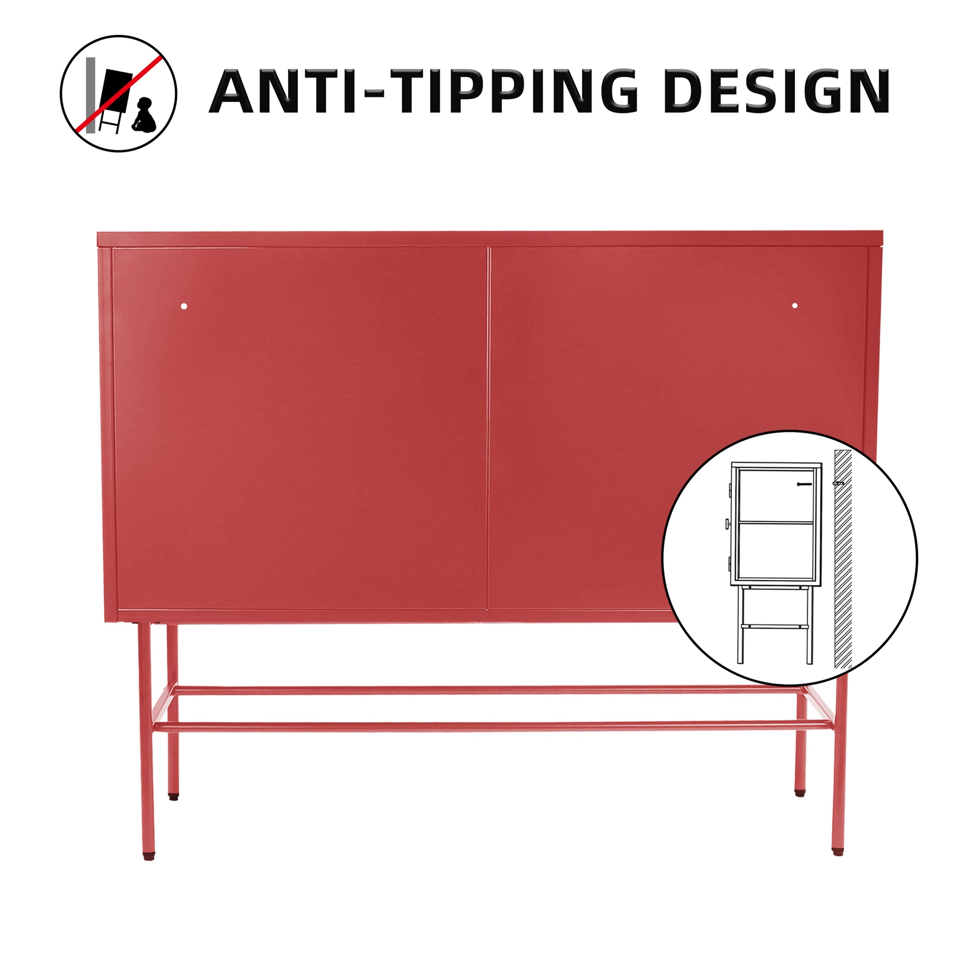 Red Sideboard Storage Cabinet With Two Fluted Glass Doors Detachable Shelves Bottom Space For Living Room, Office, Dinging Room And Entryway Old Sku:W68751711 Red Steel