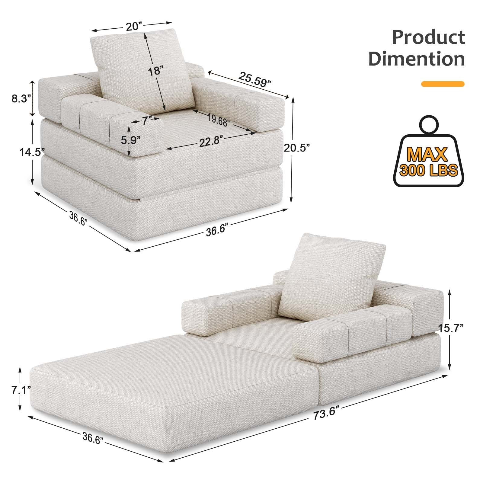 Single Sofa Chair That Converts To A Single Sofa Bed For Living Room, Guest Room, Playroom, White Creamy White Primary Living Space Modern Foam Linen