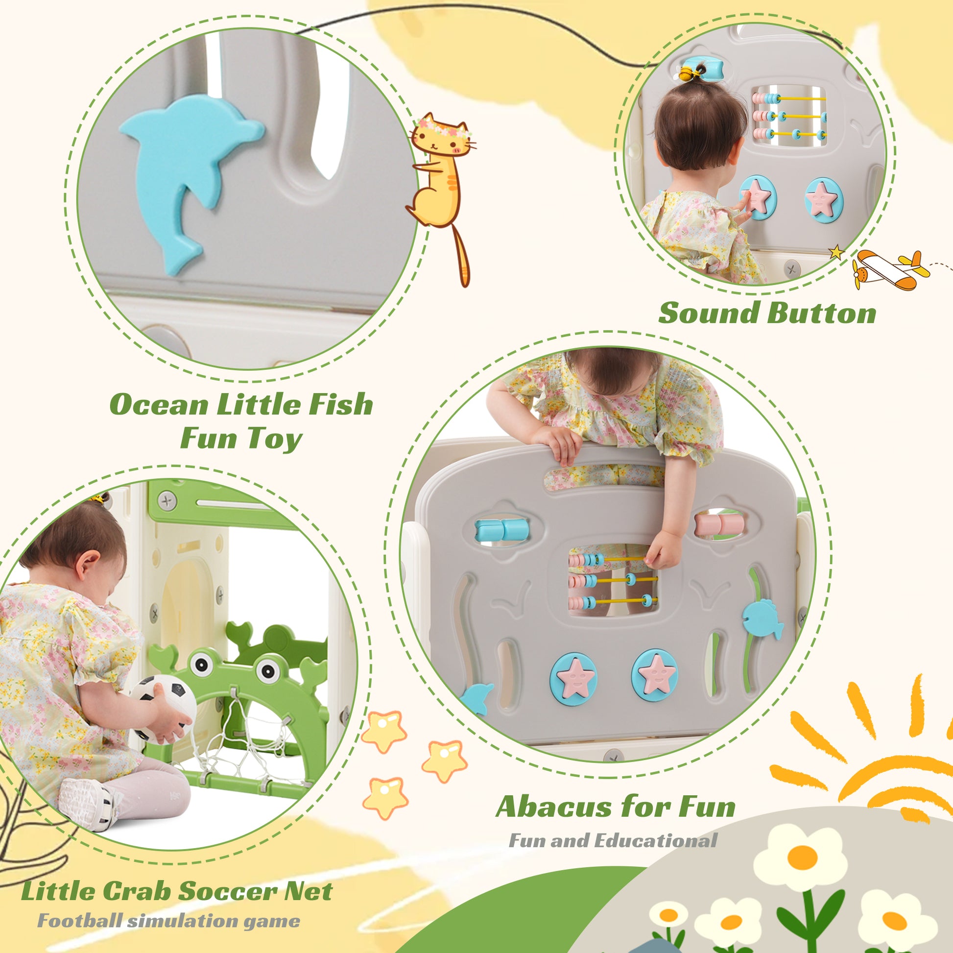 11 In 1 Toddler Slide, Kids Slide For Toddler Age 1 3 With Basketball Hoop, Kids Slide Playset Structure,Arch Tunnel And Telescope, Toy Storage Organizer For Toddlers, Kids Climbers Playground Green Cute 1 To 2 Years Hdpe Indoor & Outdoor Use