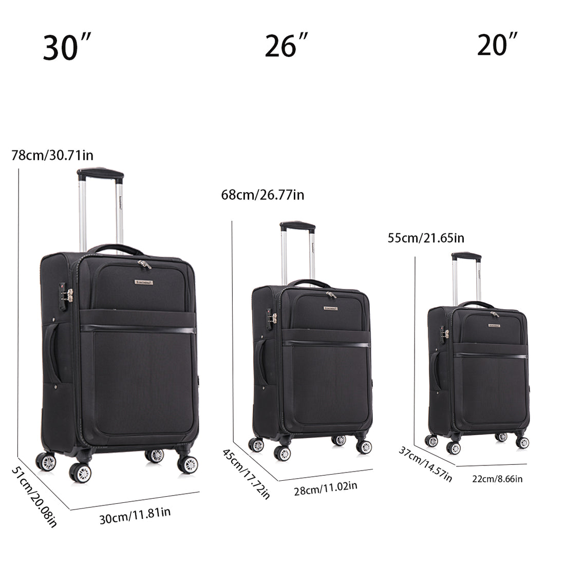 3 Piece Fabric Soft Luggage Set With Swivel Wheels And Password Lock, Black, 20 26 30 Inches Black Fabric