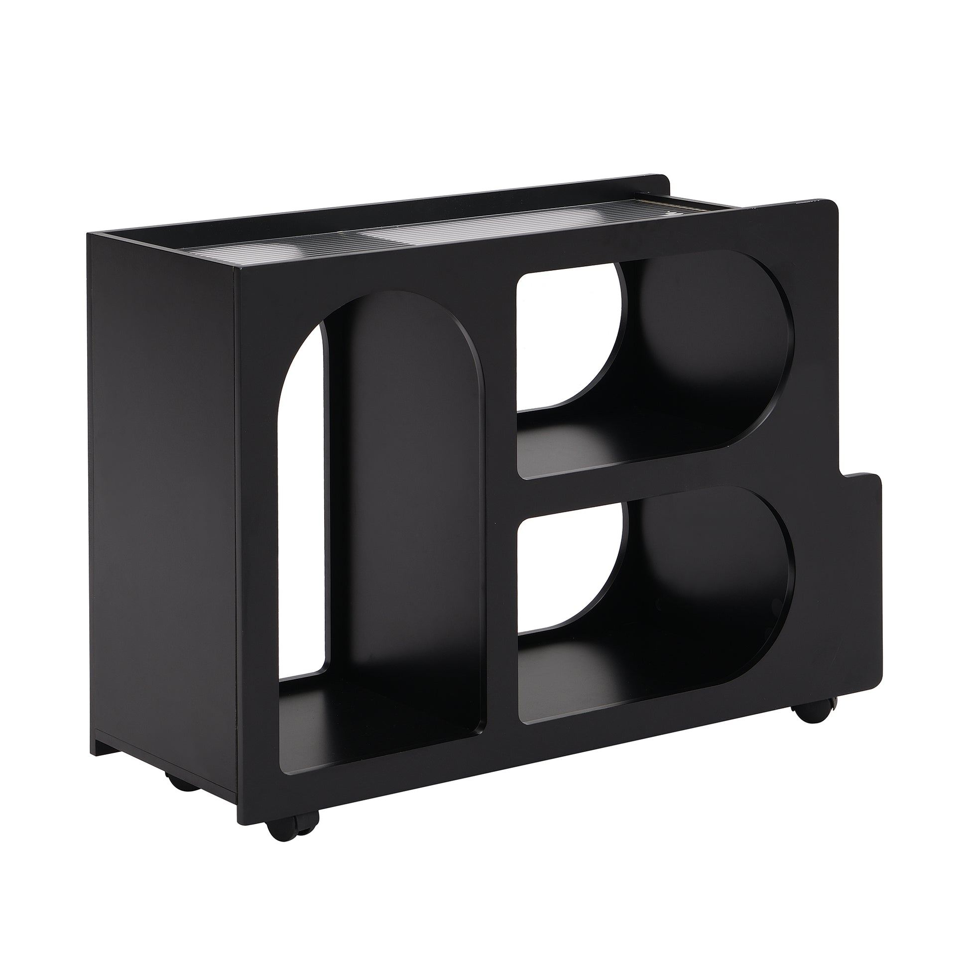 Mobile End Table With Lockable Wheels, Narrow Coffee Table With 5Mm Thick Fluted Tempered Glass, Modern Nightstand With Golden Round Rod, Living Room, Black, 31.5''W X11.8''D X 23.1''H Black Primary Living Space Mdf