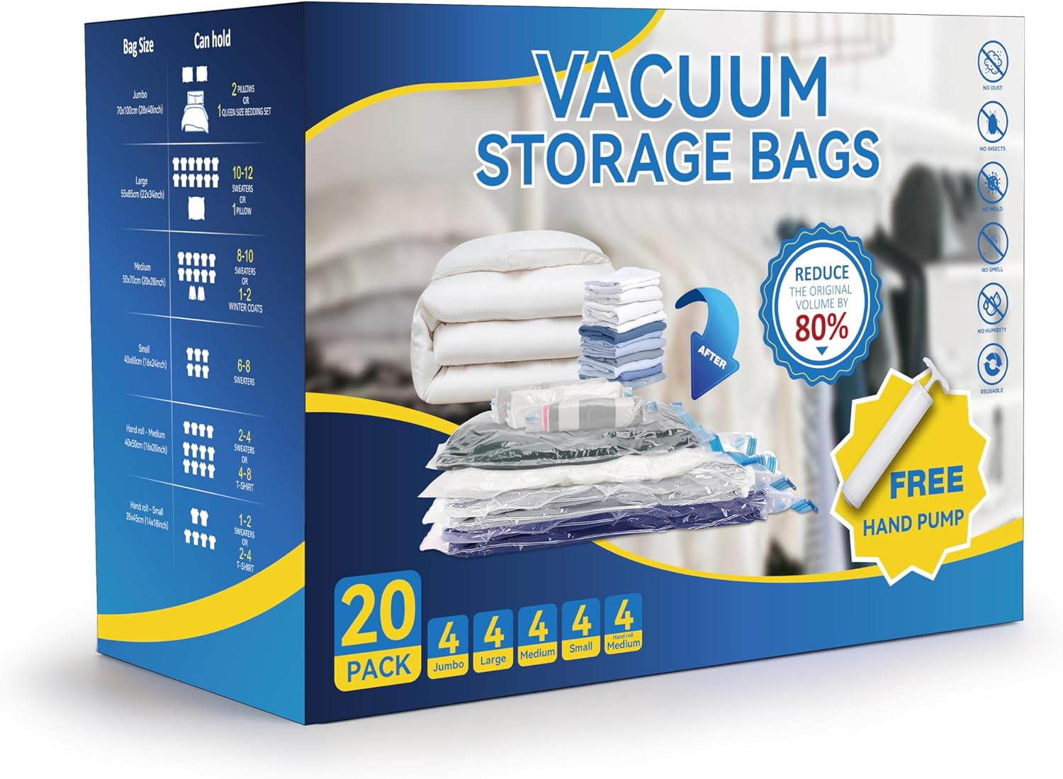 20 Pack Vacuum Storage Bags 4 Jumbo 4 Large 4 Medium 4 Small 4 Roll M Space Saver Bags, Vacuum Seal Bags With Hand Pump For Comforters, Blankets, Bedding, Pillows And Clothes White Polyethylene