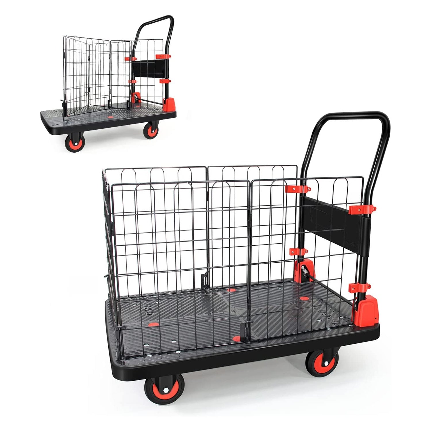 Foldable Platform Push Hand Truck Cart, Basket Cage Cart, 660 Lbs. Weight Capacity Black Red Metal