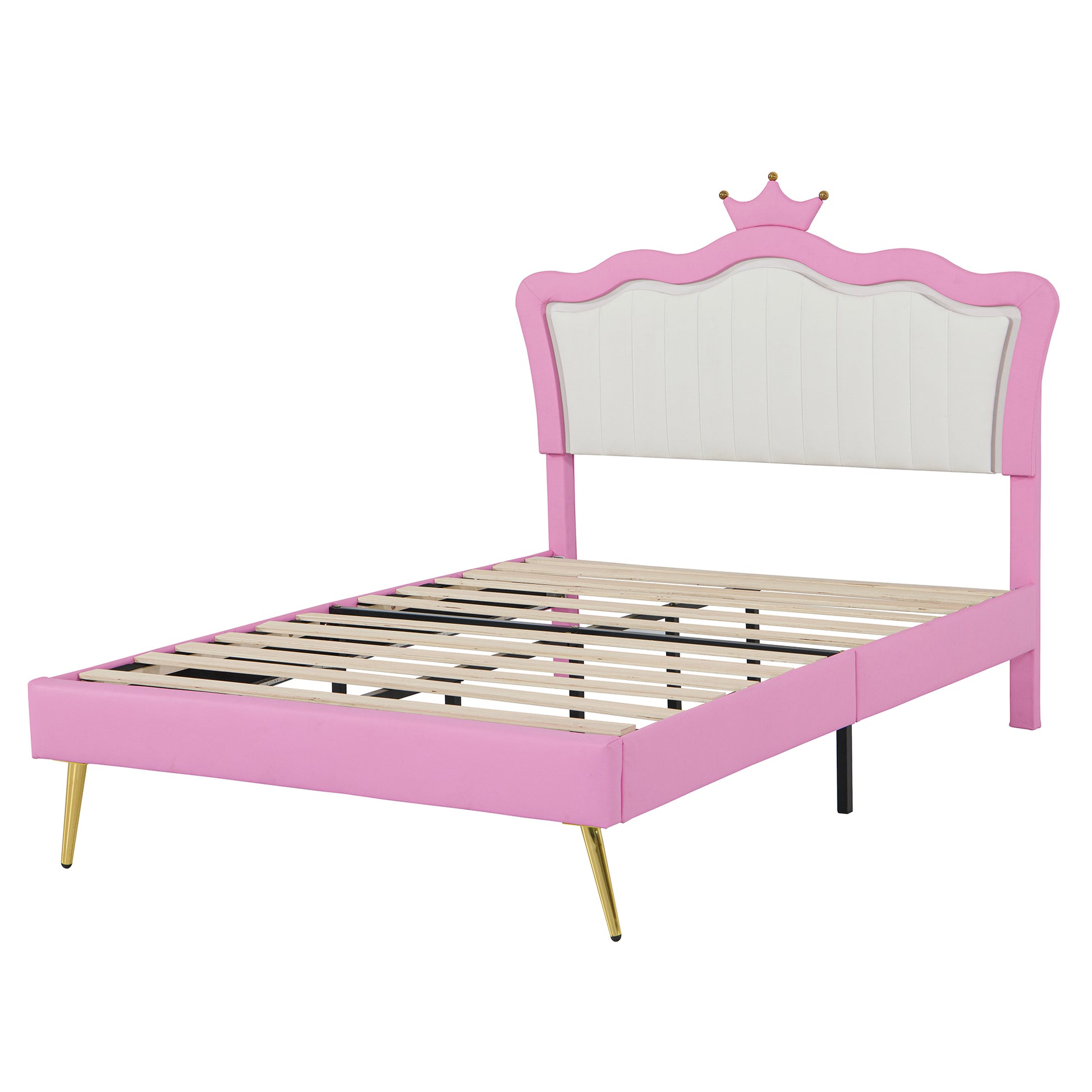 Full Size Upholstered Bed Frame With Led Lights, Modern Upholstered Princess Bed With Crown Headboard, Pink White Box Spring Not Required Full Pink White Wood Bedroom Modern Bed Frame Pu
