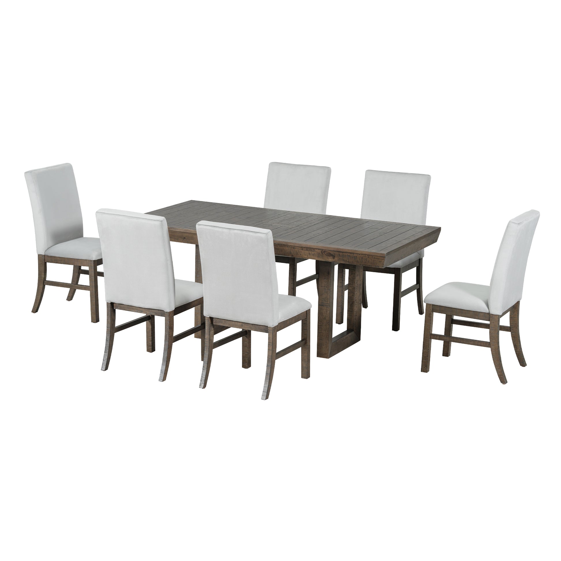 Traditional 7 Piece 72" Extendable Dining Table Set With 12Inch Butterfly Leaf And 6 Upholstered Dining Table Set, Brown Wood Dining Room Distressed Finish Rubberwood Rectangular Dining Table With Chair Wood Wood Brown Seats 6 72 Inches Butterfly Leaf