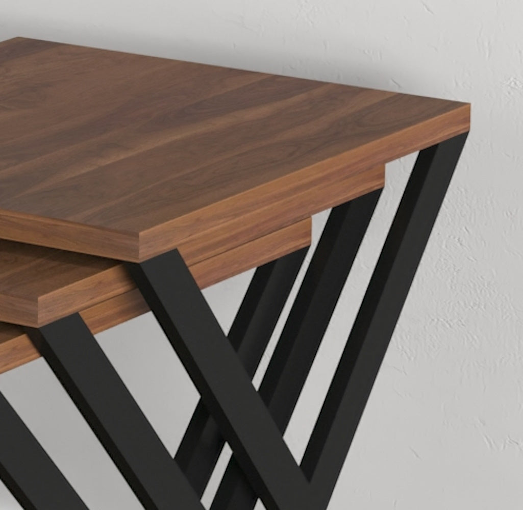 Kira Nesting Table 3 Pieces, Metal Legs Wood Base Nesting Table, Walnut Walnut Brown Contemporary Rectangular Wood