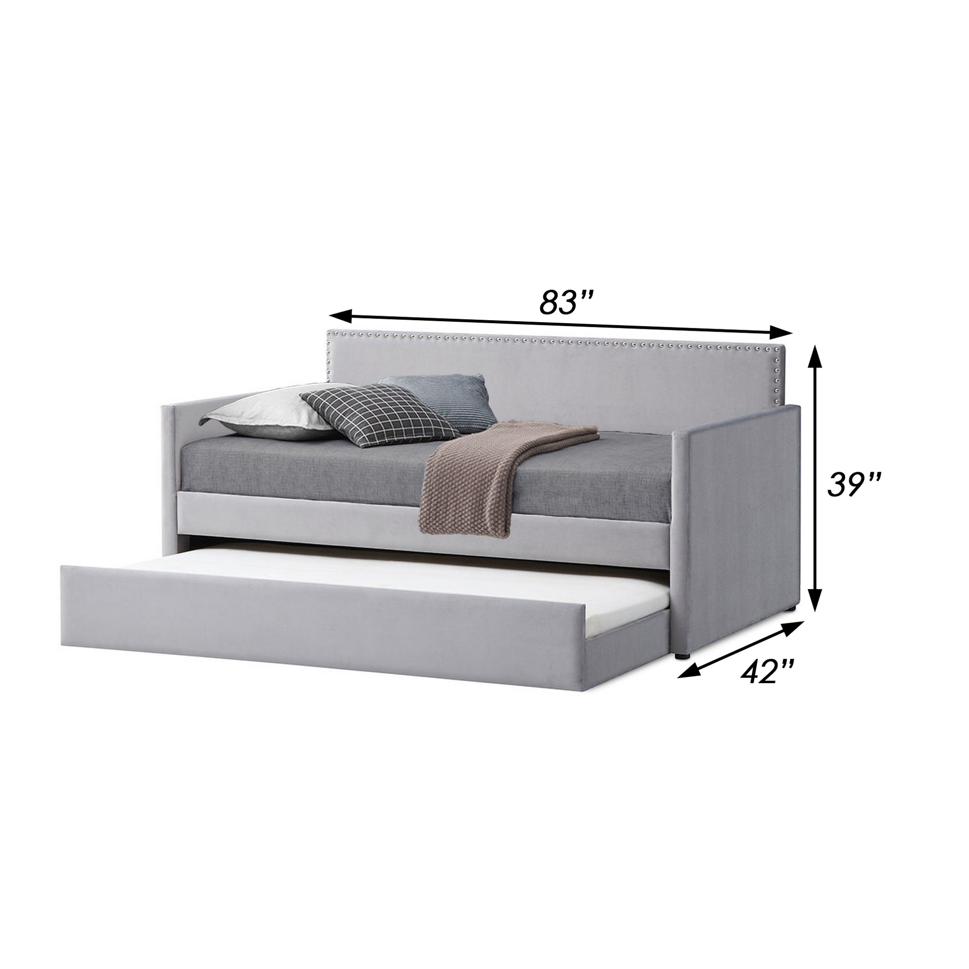 Modern Twin Daybed With Trundle, Trim Backing, Soft Gray Velvet Twin Gray Solid Wood