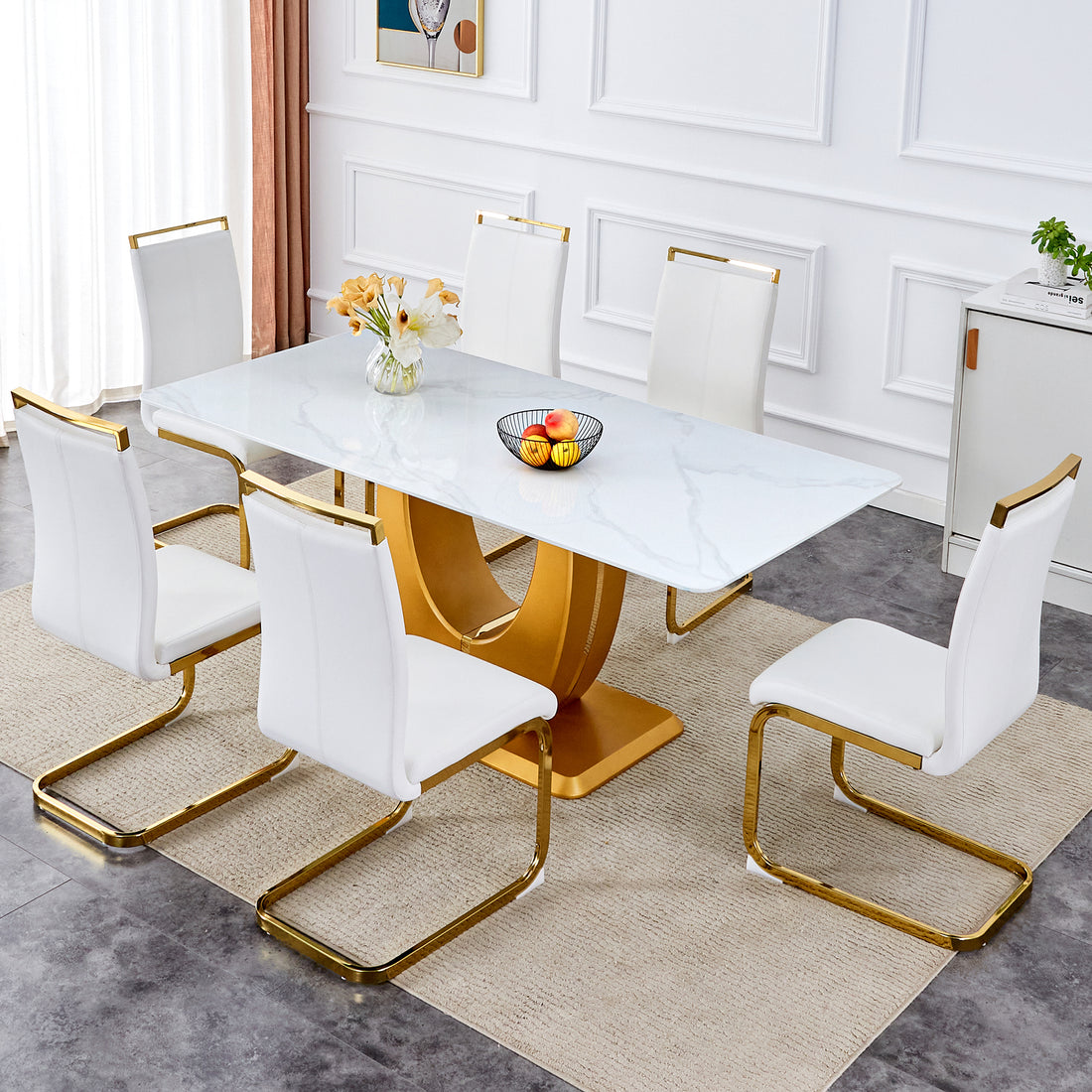 Table And Chair Set, Modern Minimalism And Luxurious White Rectangular Pattern Dining Table. Soft And Comfortable Dining Chairs For Dining Rooms, Living Rooms, Terraces And Kitchens. White Seats 6 Mdf Glass