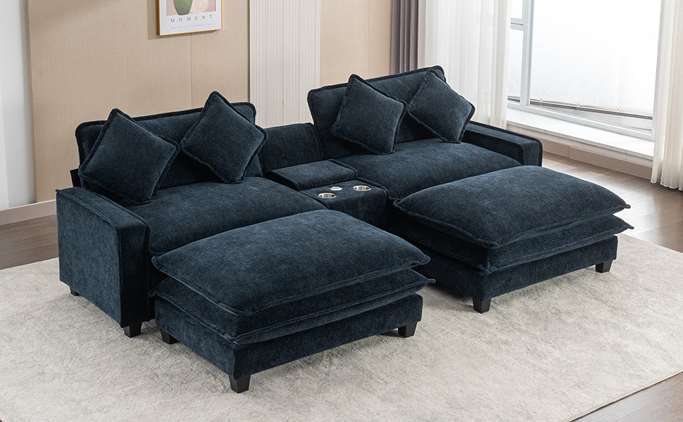 112.6" Sectional Sofa Chenille Upholstered Sofa With Two Removable Ottoman, Two Usb Ports, Two Cup Holders And Large Storage Box For Living Room, Blue Blue Foam Chenille 2 Seat