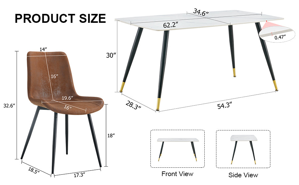 Table And Chair Set, White Imitation Marble Texture Rock Board Table Top, Black Metal Table Legs, Stable And Beautiful. Modern Simple Dining Table, Comfortable Seating. Brown White Seats 6 Metal