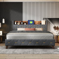 Queen Bed With Elegant Gold Metal Buttons, Built In Usb Ports, Phone Storage Pocket, And Spacious Headboard Shelving Sturdy Frame Supports Up To 300 Lbs,Mattress Not Included Queen Aqua Grey Abs