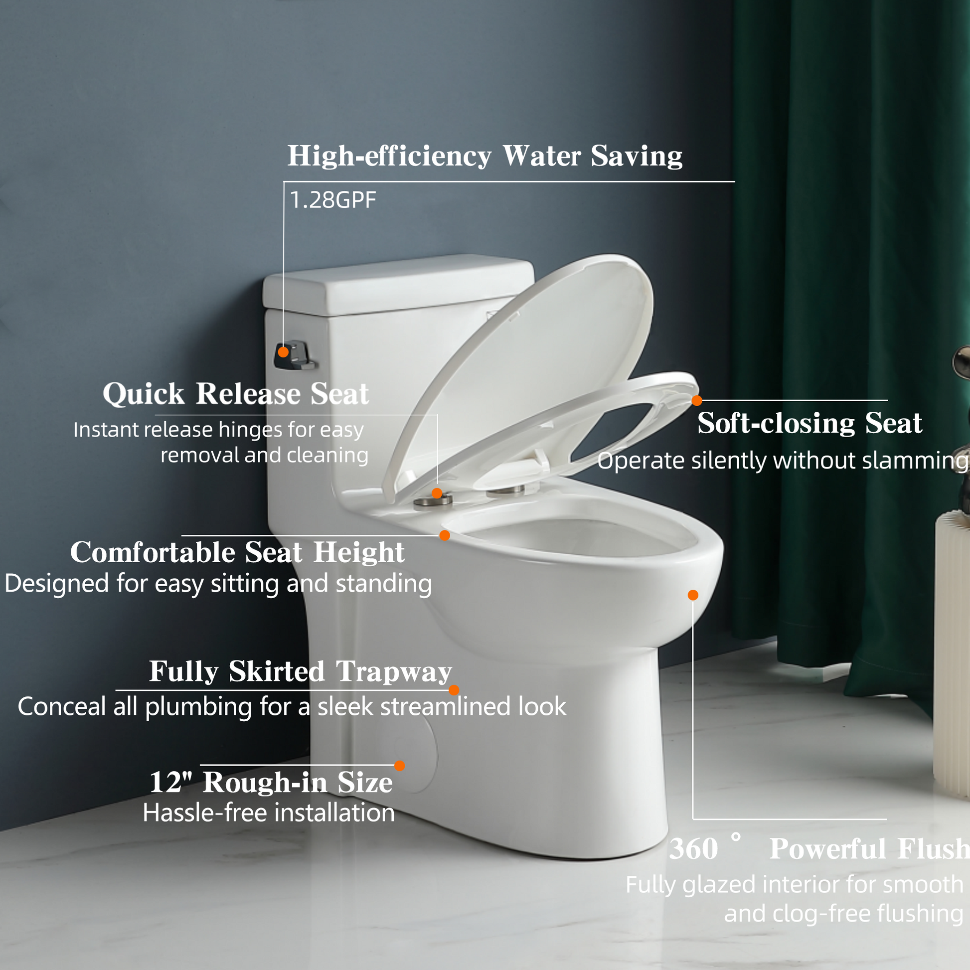 1.28 Gpf One Piece Toilet Single Flushwater Saving Elongated Comfort Height Floor Mounted, Soft Closing Seat, 1000 Gram Map Flushing Score Toilet, Gloss White 23T03 Gw White Ceramic