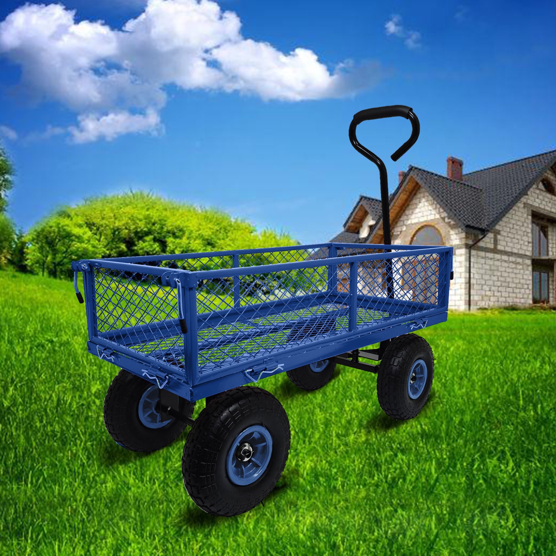 3 Cu. Ft. 300 Lbs. Capacity Removable Sides Metal Steel Mesh Heavy Duty Utility Wagon Outdoor Garden Cart In Blue Blue Steel