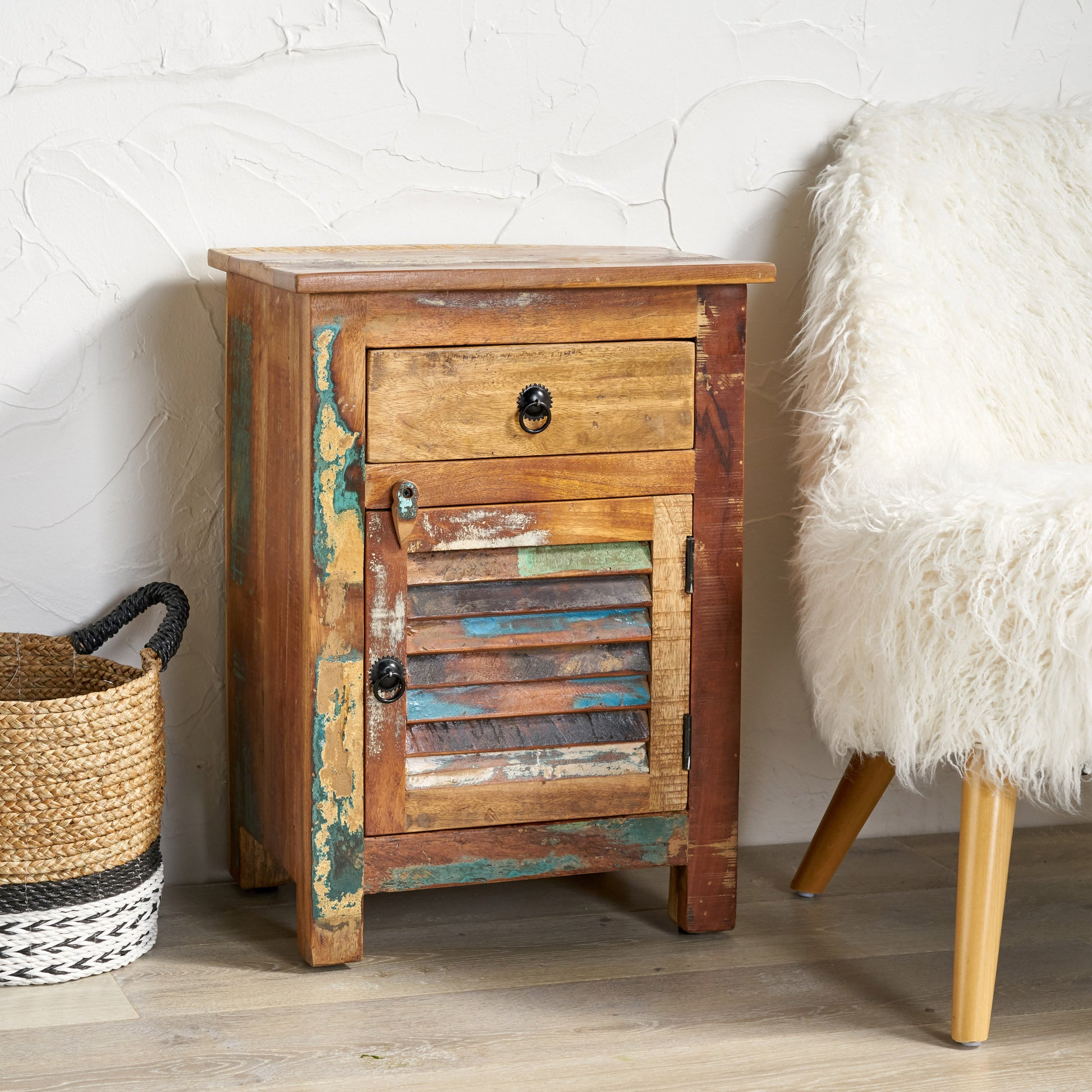 Side Table With Drawer Natural Wood Metal