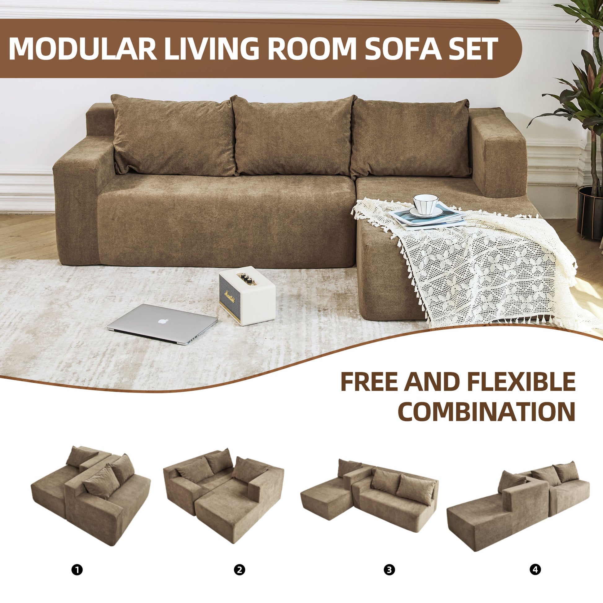 L Shape Sectional Sofa, Modular Sectional Living Room Sofa Set, Minimalist Style Couch, Upholstered Snow Velvet Sleeper Sofa With Pillows For Living Room, Salon, 2 Pc Free Combination Khaki Polyester Primary Living Space Medium Firm Cushion Back L Shaped