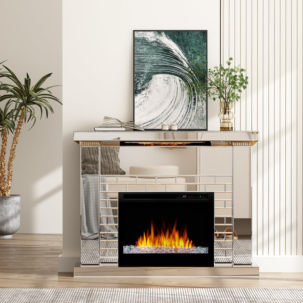 44'' W Electric Fireplace With Silver Mirrored Mantel Silver 400 Primary Living Space Modern Yes Freestanding Metal Synthetic Wood Mirror Electric