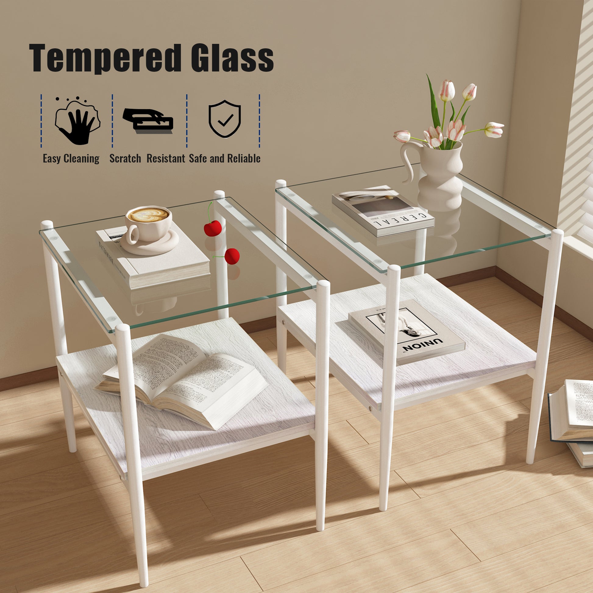 Set Of 2 Rectangle End Table, Tempered Glass Tabletop With Mdf Layer, Modern Table For Living Roomtransparent Glass Transparent Tempered Glass