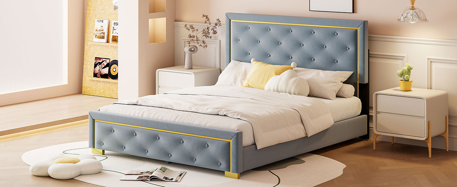 Queen Size Upholstered Platform Bed With Pull Point Headboard And Metal Wire Frame At The Head And Foot Of The Bed, Metal Feet, Velvet, Gray Queen Gray Mdf Lvl