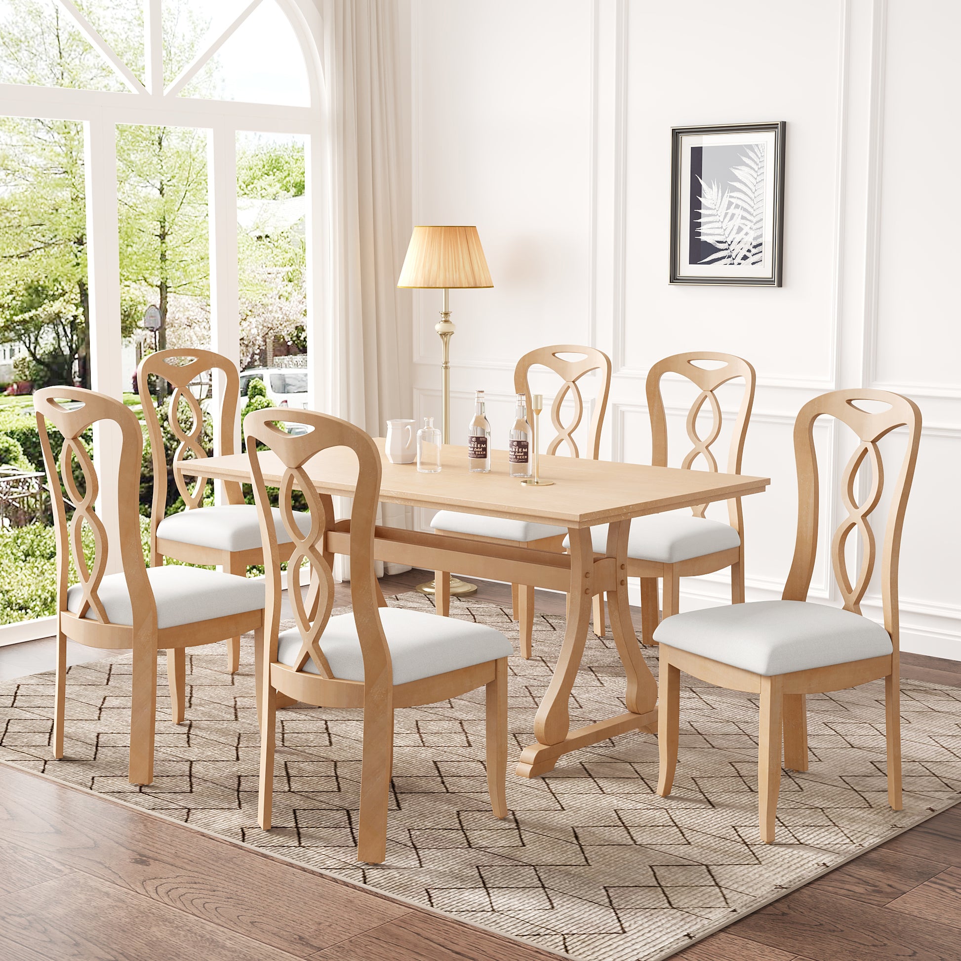 Retro 7 Piece Trestle Dining Table Set With Upholstered Dining Chairs, Smooth Dining Backs For Dining Room, Living Room, Kitchen, Natural Upholstered Chair Wood Natural Beige Seats 6 Wood Dining Room Solid Wood Rubberwood Trestle Rectangular Foam Dining