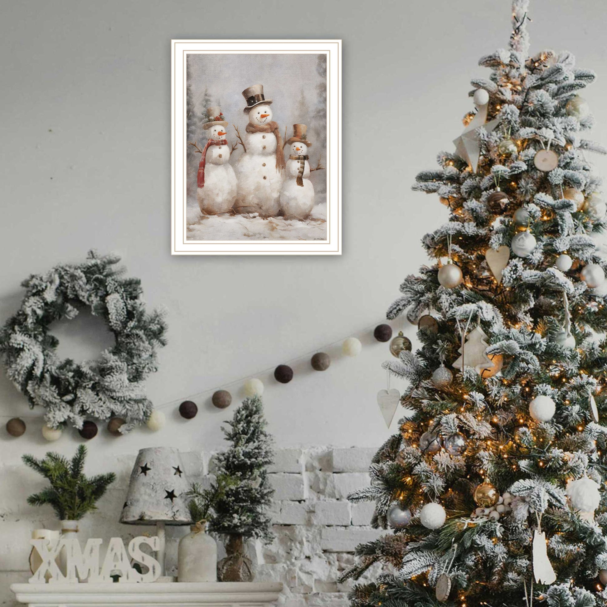 Three Snowman Pals White Framed Wall Art For Living Room, Holiday Wall Art Print For Home Decor, Bedroom Wall Art By Jo Moulton Multicolor Wood Paper
