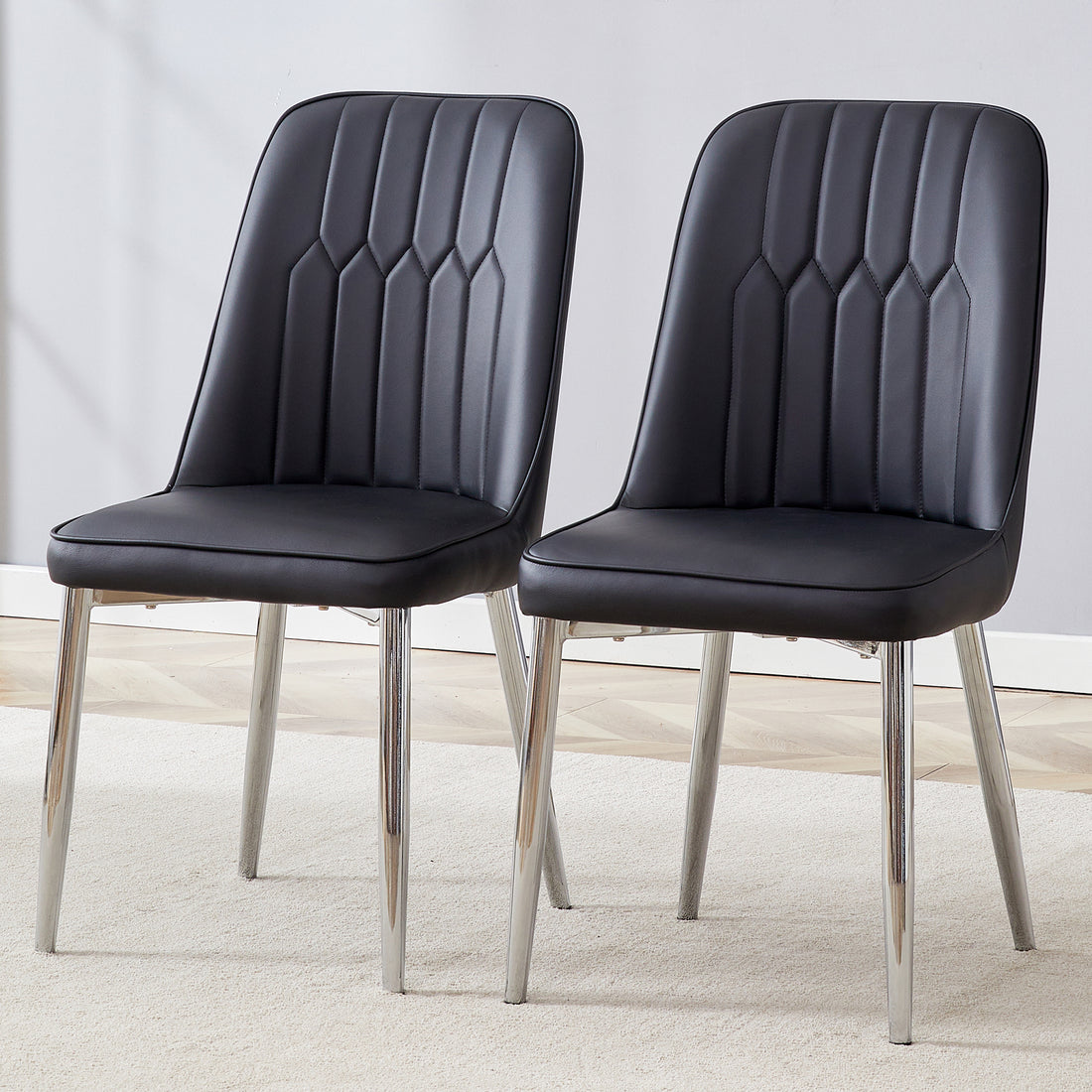 2 Modern Dining Chairs, Smooth Pu Leather Backrest And Silver Toned Metal Legs For A Comfortable Home Experience For Kitchens, Bedrooms And Offices. Black Pu