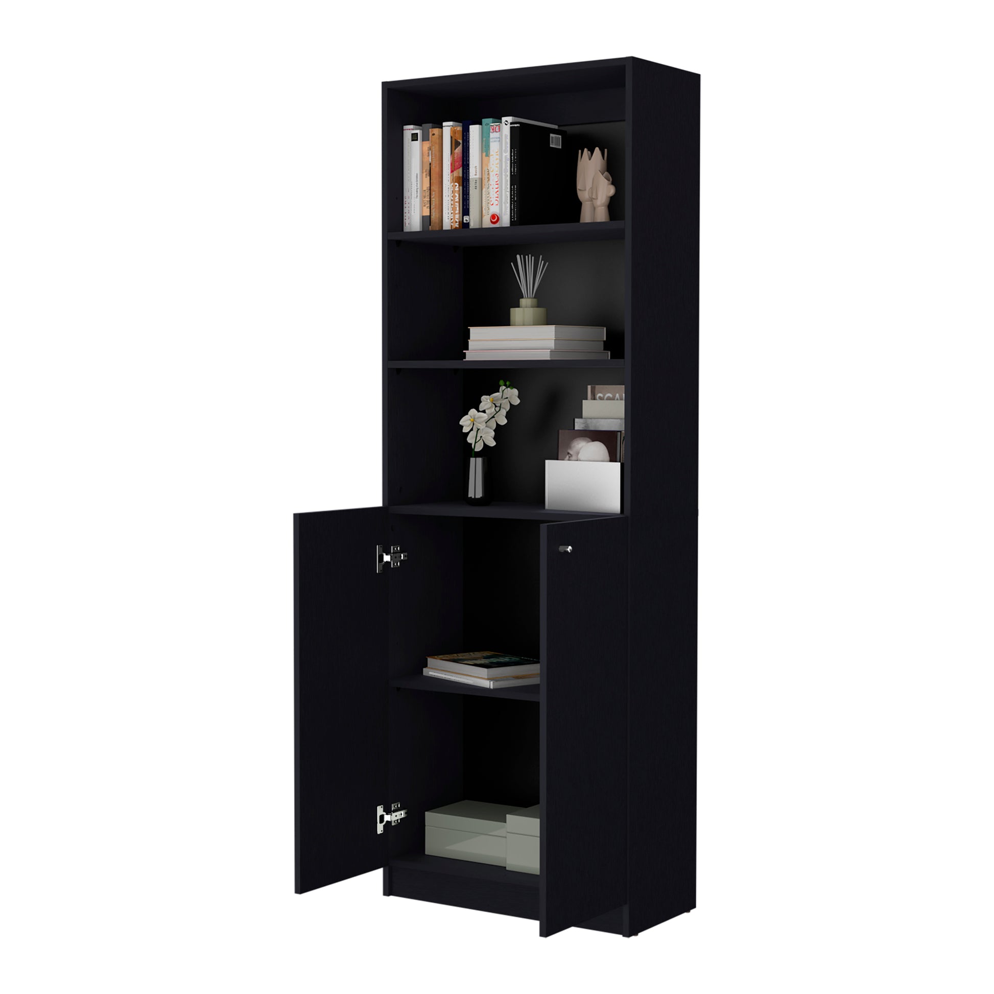 Sutton 2 Door Bookcase, Storage With Multi Level Shelves And Double Door Design Black Particle Board Engineered Wood