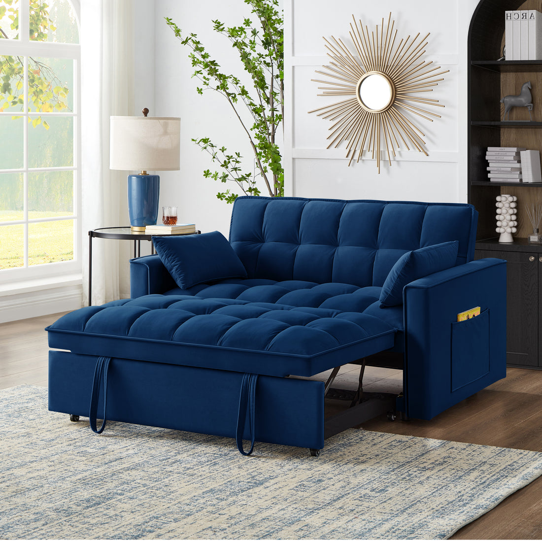 4 In1 Loveseat Sofa Bed With Armrests & Storage Pockets, Multi Function Tufted Pull Out Sofa Bed With Adjustable Backrest And Pillows, Convertible Loveseat Sofa Couch, Navy Navy Velvet Primary Living Space Medium Soft Tufted Back American