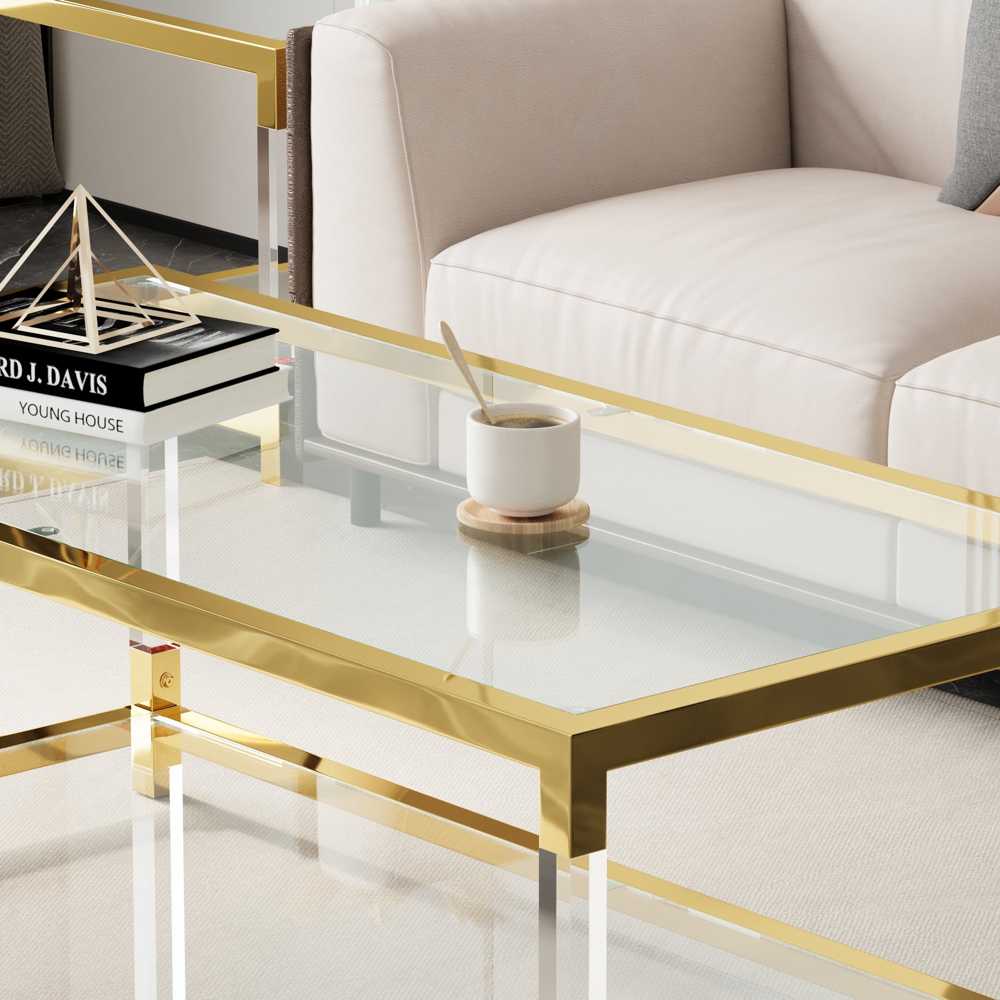 Modern Minimalist Living Room Furniture Set, Stylish Transparent Acrylic Leg Coffee Table, Square Edge Table, Tempered Glass Face Tea Table Combination Gold End Table Golden,Transparent Glass Acrylic