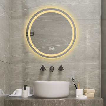 27 Inch H Led Single Bathroom Vanity Mirror Polished Crystal Bathroom Round Vanity Mirror For Smart Lighting On Bathroom Walls Transparent Glass