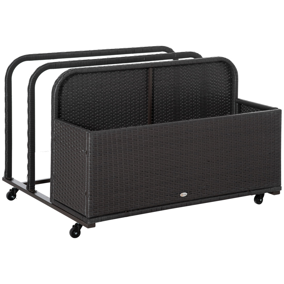 Outsunny Wicker Patio Poolside Float Storage Basket, Pe Rattan Outdoor Pool Caddy With Rolling Wheels For Floaties, Noodles, Life Vests, Beach Balls, Toys, Brown Brown Steel