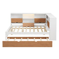 L Shaped Bed Frame With Trundle And And Bookcase,Corner Bed Wooden Captain Bed With Led Downlight And Usb Port For Small Room,Bedroom, Guest Room, Full Size, Walnut And White Box Spring Not Required Full White Walnut Wood Bedroom Modern Pine Bed Frame