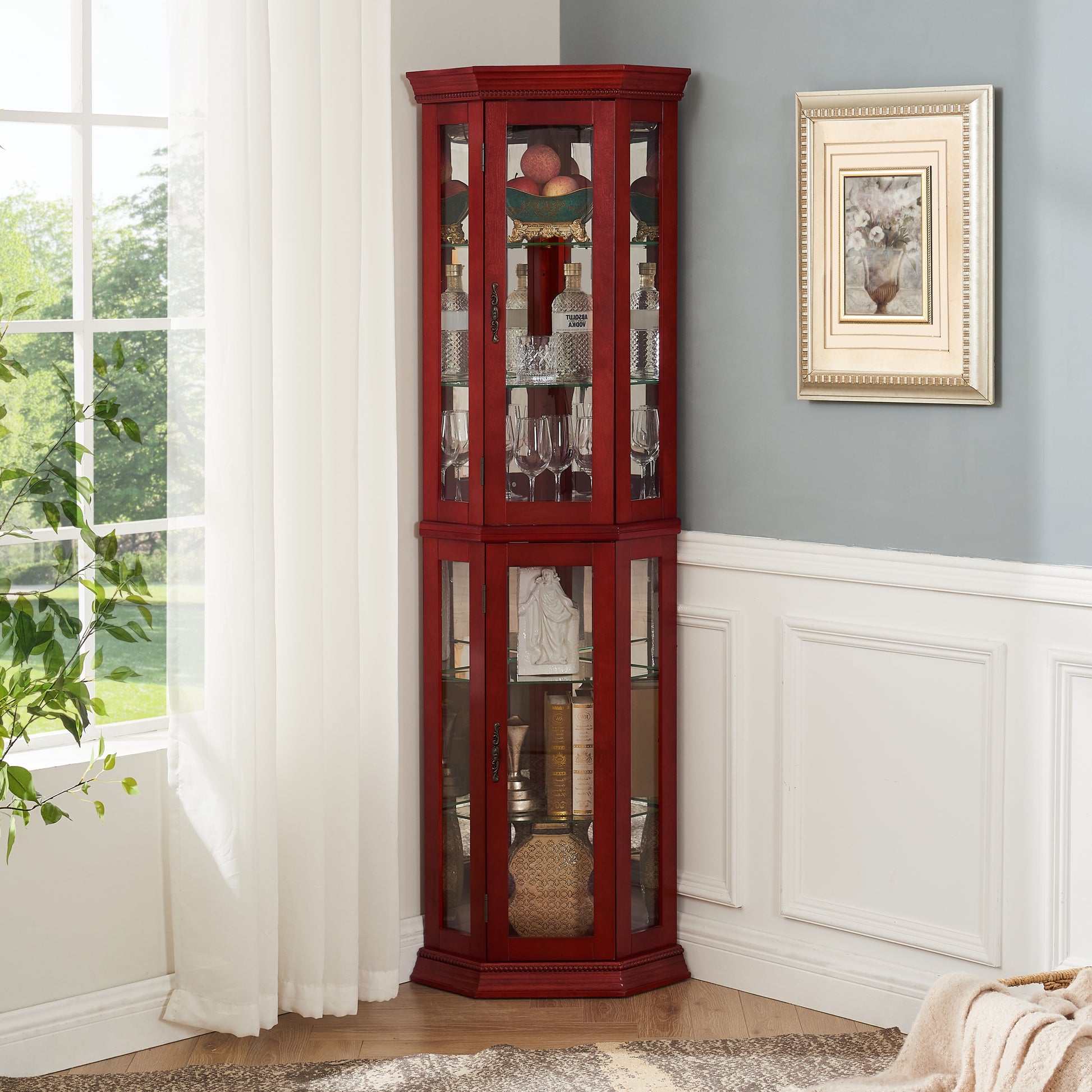 Corner Curio Cabinet Lighted Corner Display, Glass Display Shelf Shelving Bar Cabinet With Tempered Glass Door, Bar Cabinet,Cabinet With Adjustable Shelf Glass Cabinet Shelves Bead Bulb Included Cherry Mdf Glass