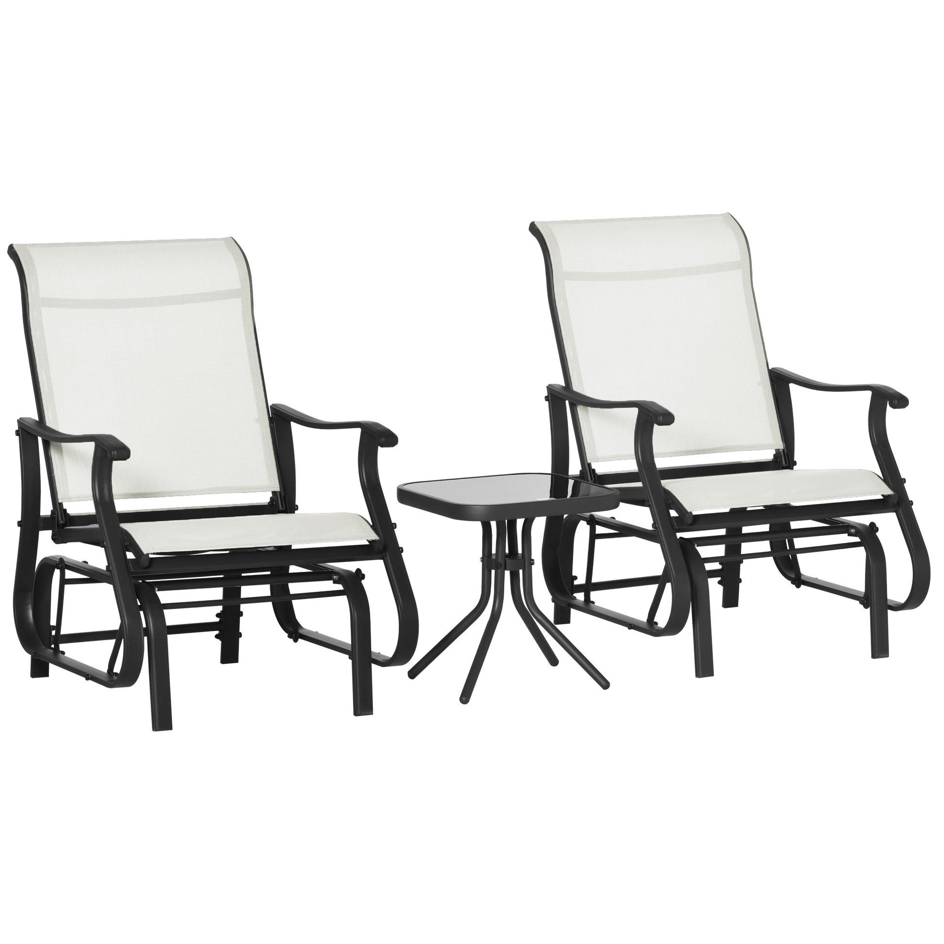 Outsunny 3 Piece Outdoor Gliders Set Bistro Set With Steel Frame, Tempered Glass Top Table For Patio, Garden, Backyard, Lawn, Cream White Cream White Steel
