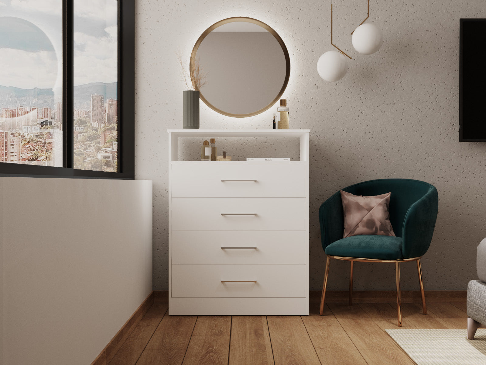 Dresser, Four Drawers, One Shelf, Superior Top, White White Solid Wood Mdf Engineered Wood