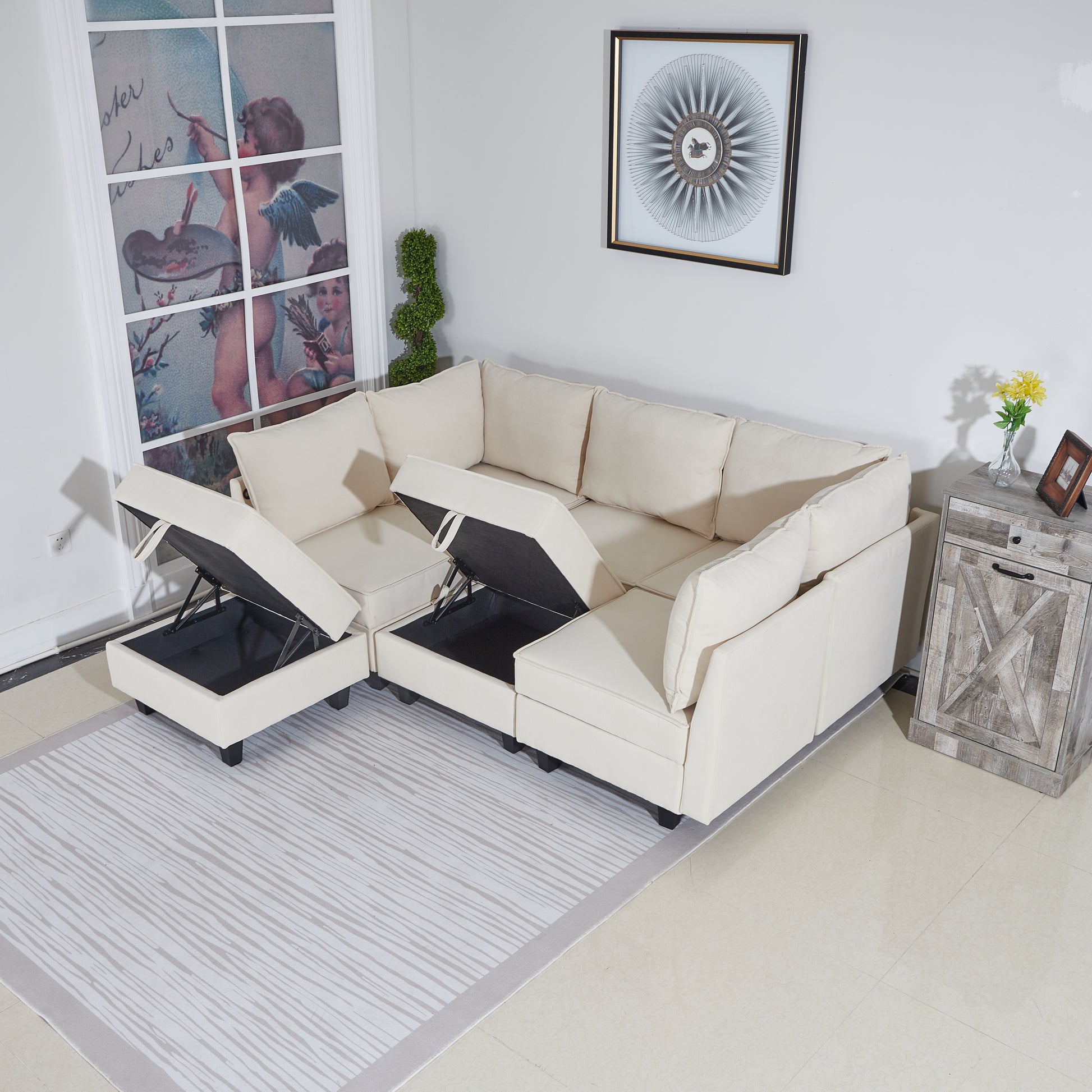 7 Seater Modular Pieces Sofa Storage Seats 7 Seat Living Room Furniture Modular Sleeper Sofa Brown Wood Primary Living Space Medium Duty Acacia 7 Seat Beige Chenille Soft Cushion Back Casual,Classic Armless Foam Wood