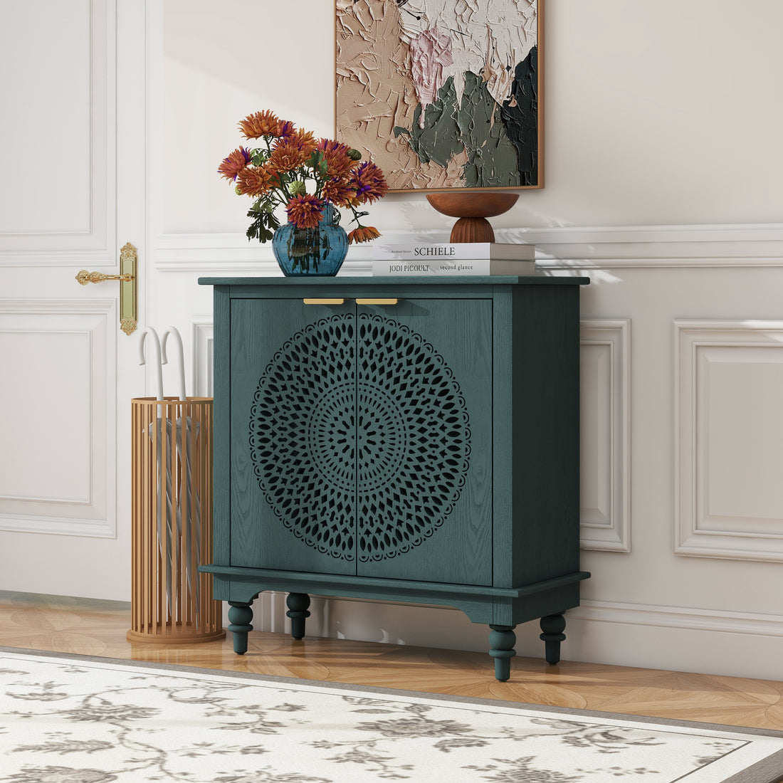 Hollow Carved 2 Door Accent Cabinet Sideboard Buffet Storage Cabinet With Adjustable Shelf For Entryway Living Room Bedroom Blackish Green American Design Mdf