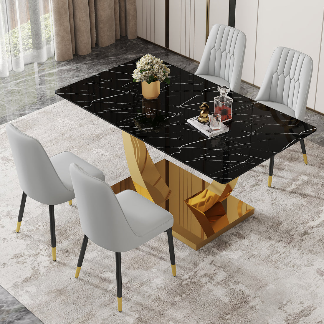 Table And Chair Set.Modern Rectangular Dining Table With Black Textured Stickers Glass Tabletop And Gold Plated Metal Legs.Paried With 4 Comfortable Chairs With Pu Seats And Black Metal Legs. Black Gold,Light Gray Seats 4 Glass Metal