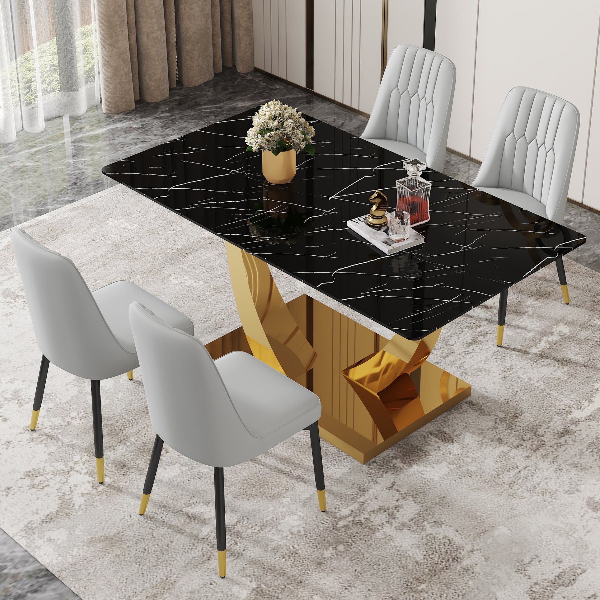 Table And Chair Set.Modern Rectangular Dining Table With Black Textured Stickers Glass Tabletop And Gold Plated Metal Legs.Paried With 4 Comfortable Chairs With Pu Seats And Black Metal Legs. Black Gold,Light Gray Seats 4 Glass Metal