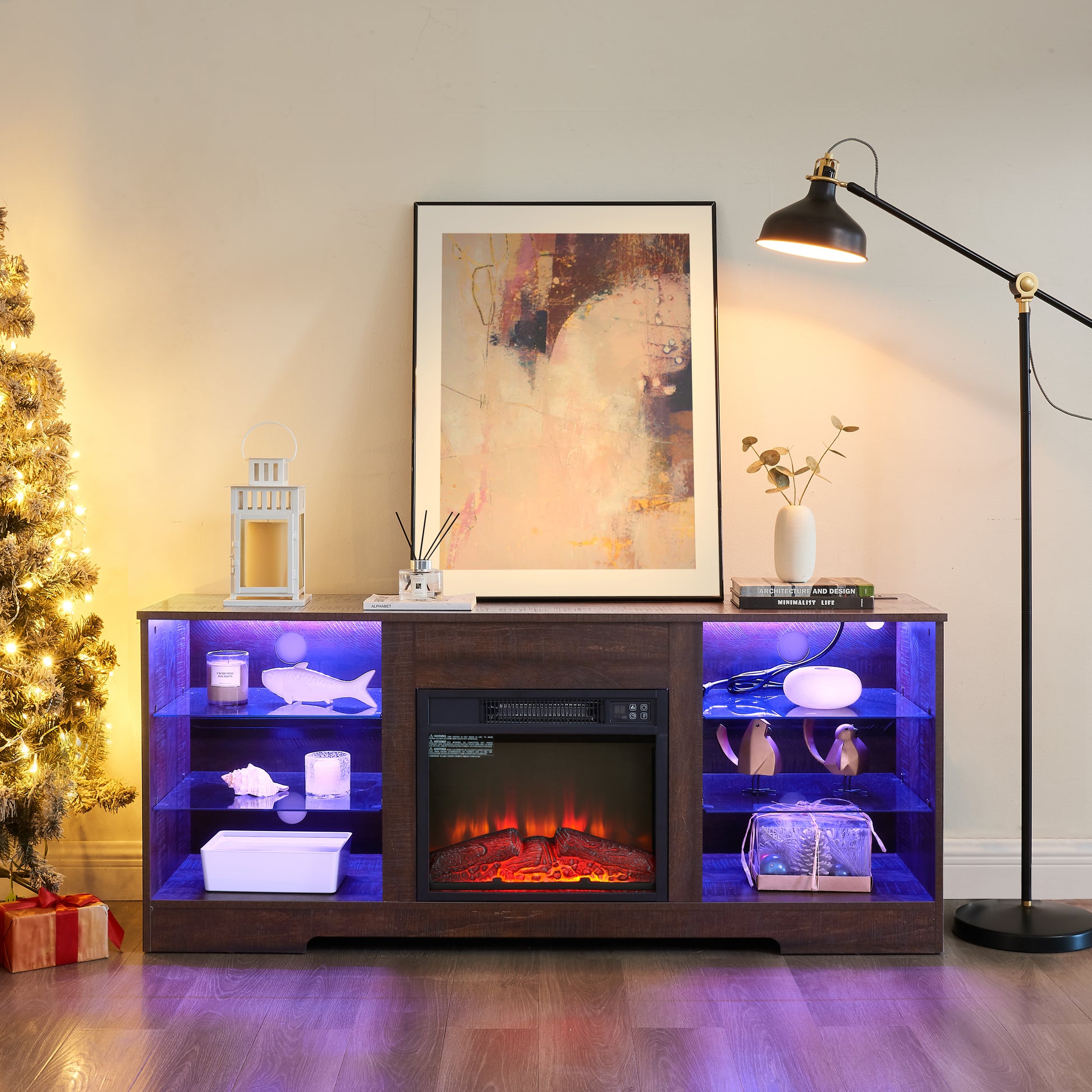 Tv Stand Electric Fireplace Glass Shelves, 3D Fireplace Tv Stand With Led Lights Wood With Usb Charging Outlet Modern Television Table Center For Tv Up To 62" Esp, 58''W*15.5''D*24.4 Espresso 60 69