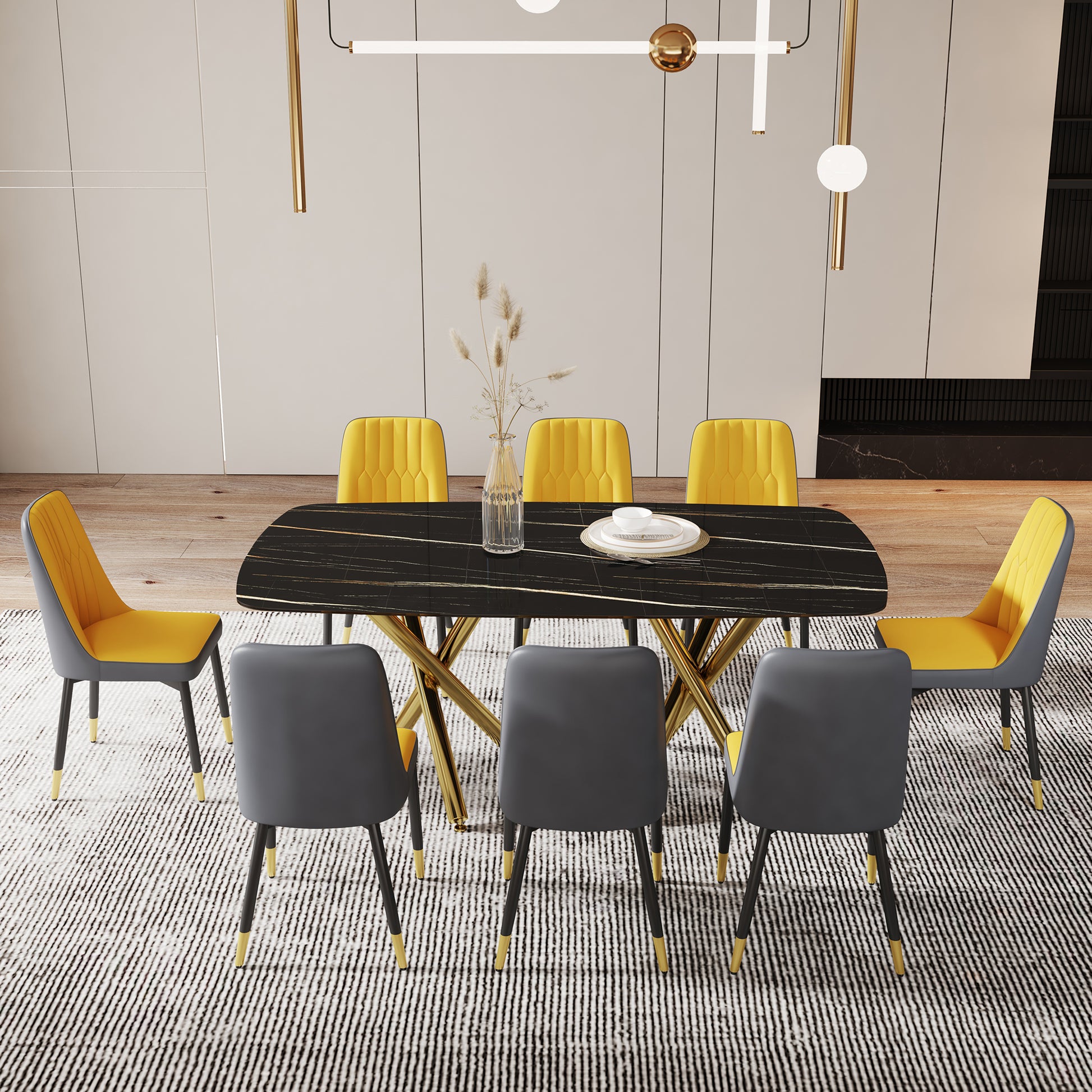 Large Modern Minimalist Rectangular Dining Table With 0.39 "Imitation Marble Black Desktop And Gold Metal Legs, Paired With 8 Chairs With Pu Cushions And Black Metal Legs.F 1538 C 007 Black Gold