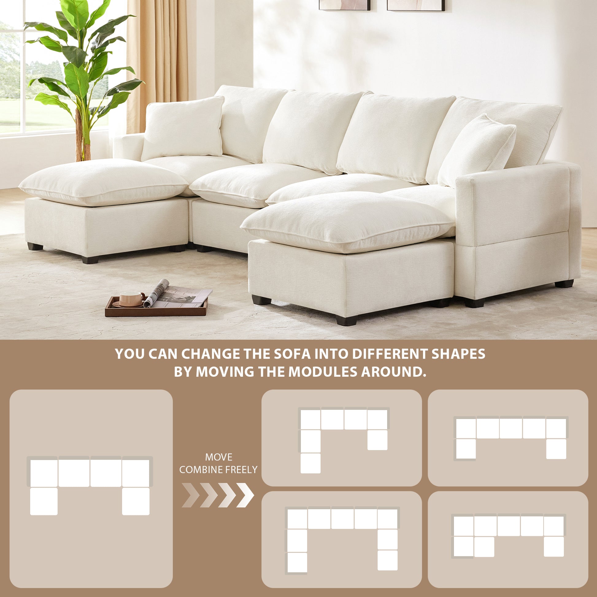 110*57" Modern U Shape Modular Sofa, 6 Seat Chenille Sectional Couch Set With 2 Pillows Included, Freely Combinable Indoor Funiture For Living Room, Apartment, Office, 2 Colors White Chenille 6 Seat