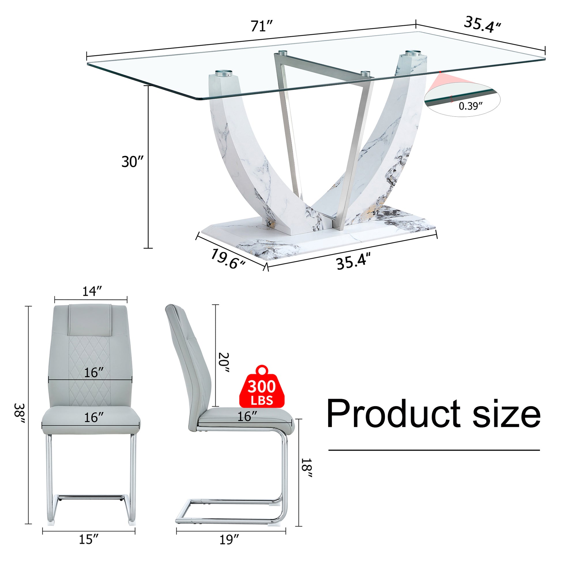 Table And Chair Set, Large Modern Rectangular Glass Table, Can Accommodate 6 8 People, Equipped With A 0.39 Inch Tempered Glass Tabletop And Mdf Table Legs.Paired With Comfortable And Soft Chairs. Light Gray Mdf Glass