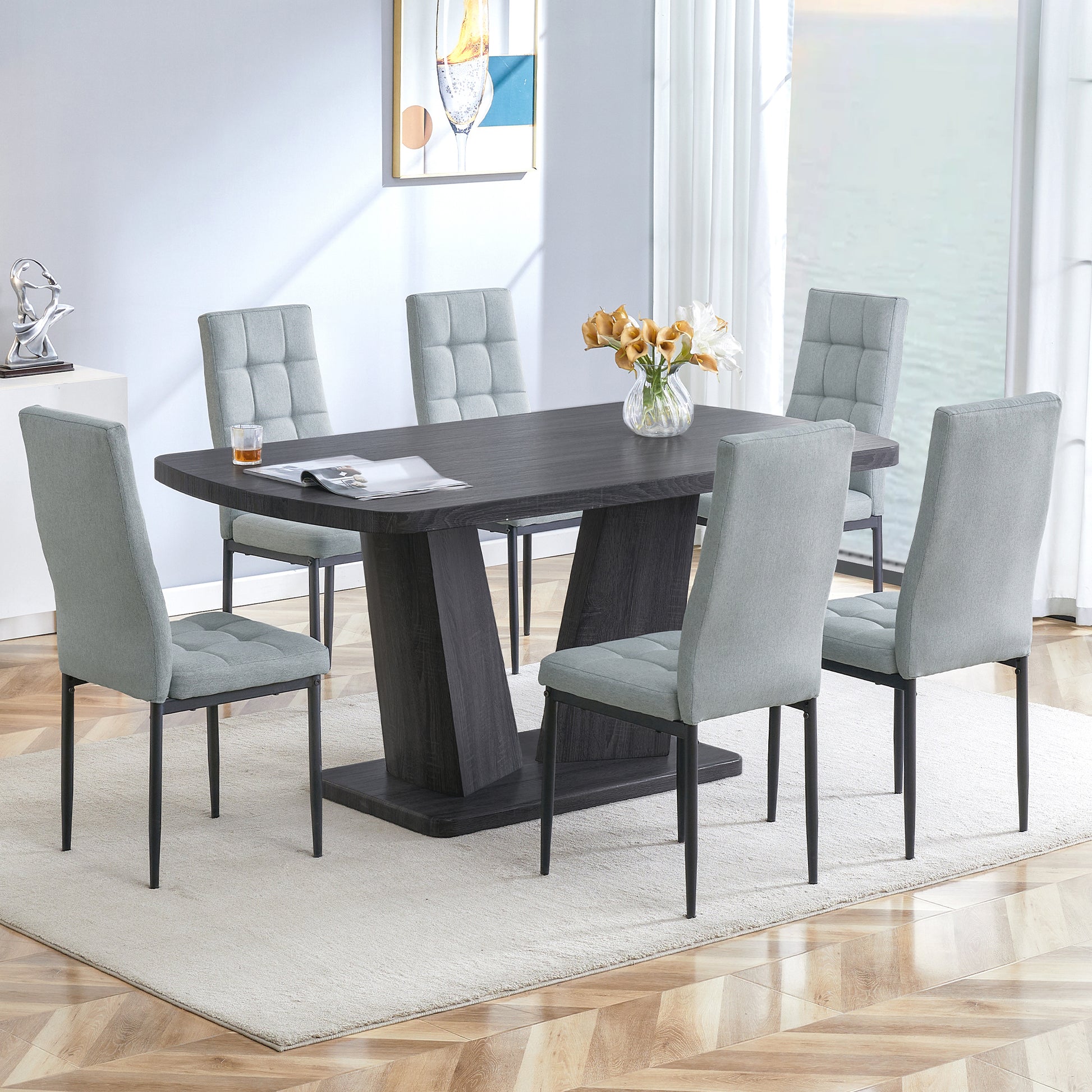 Dining Table Set For 6, 7 Piece Kitchen Table Chairs Set, 1.8" Thickness Tabletop And V Shaped Table Legs, Modern Dining Room Set With 63 Inch Dinner Table And 6 Upholstered Chairs For Dining Room Metal Gray Dining Room Classic,Mid Century Modern,Modern