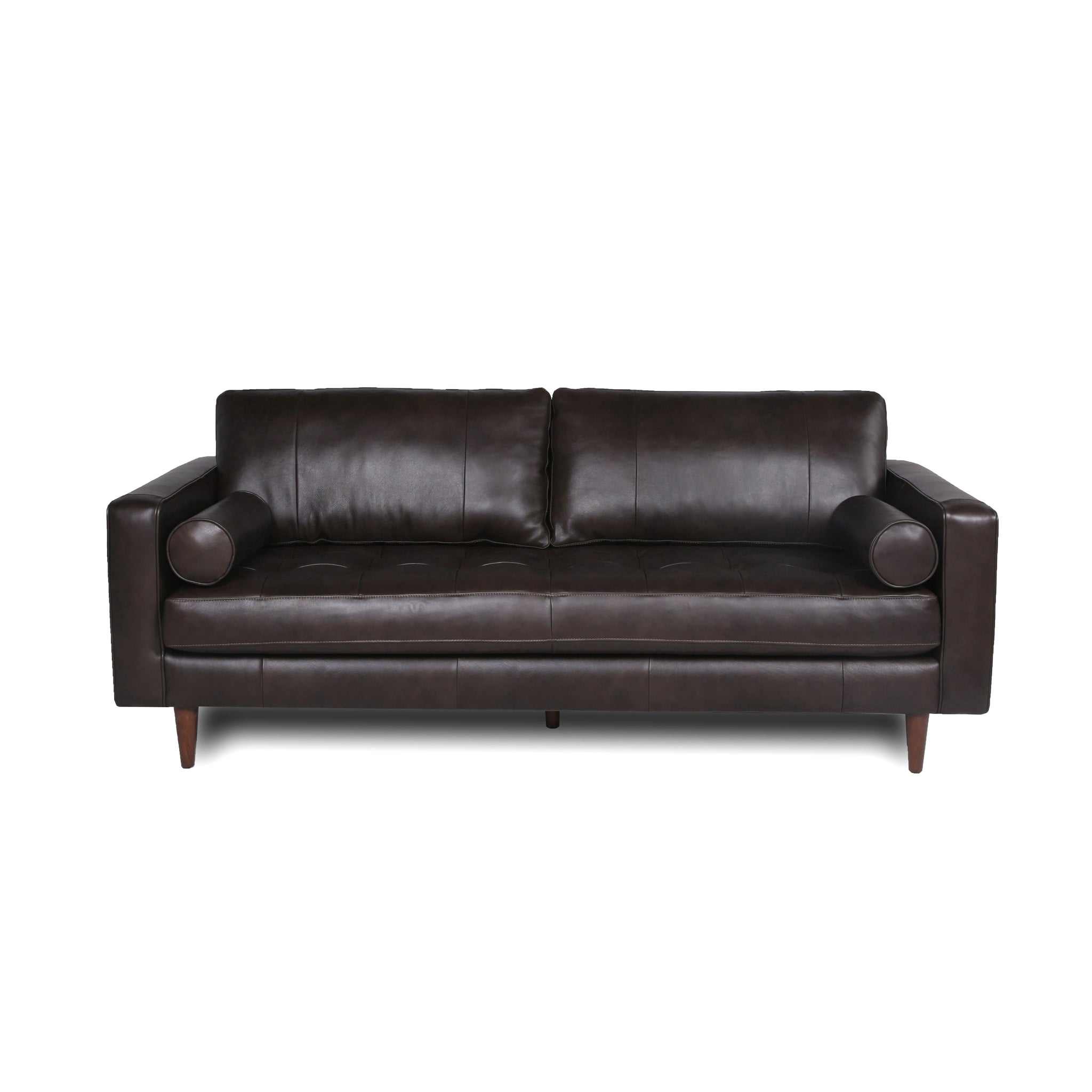 Mid Century Tufted Leather Sofa Espresso Leather 3 Seat