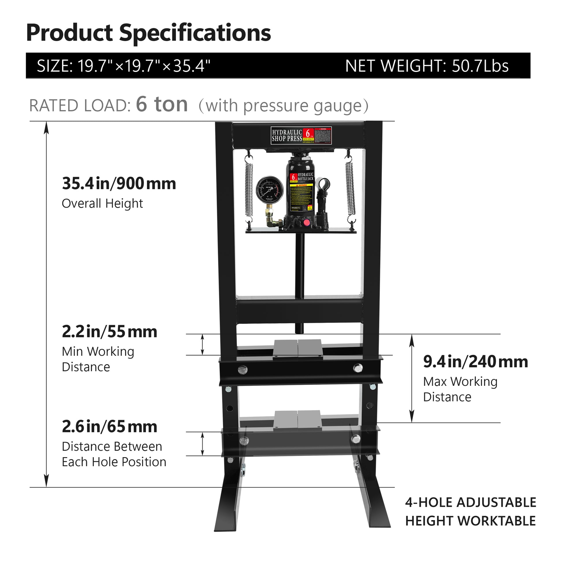 6 Ton Hydraulic Shop Floor Press, With Pressure Gauge Steel H Frame Shop Press With Steel Plates Adjustable Working Table, Black Black Steel