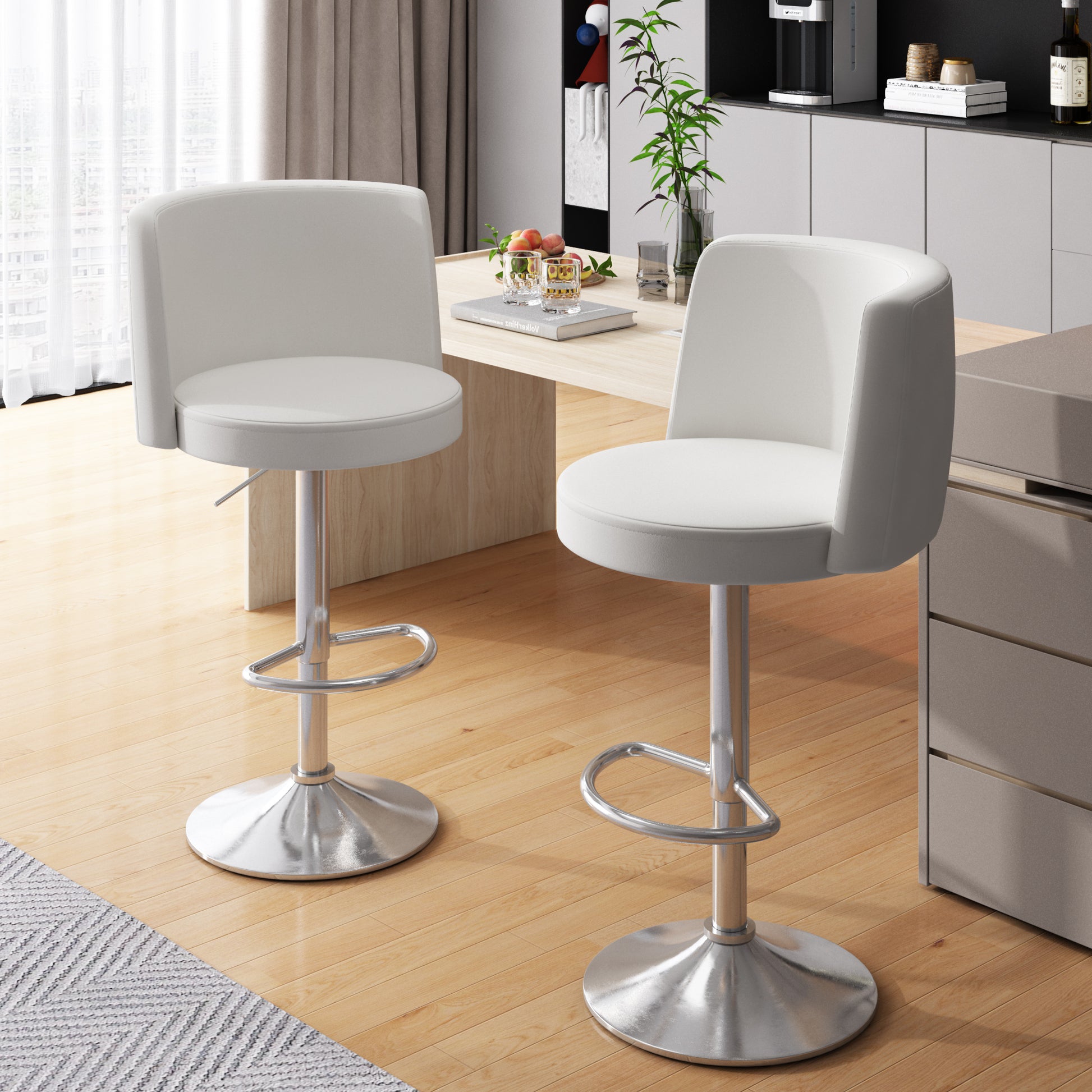 Steel Bar Stools,Grade Modern Leather Bar Chair With Backrest,Swivel Adjustable Height For Kitchen Counter And Dining Room White Metal