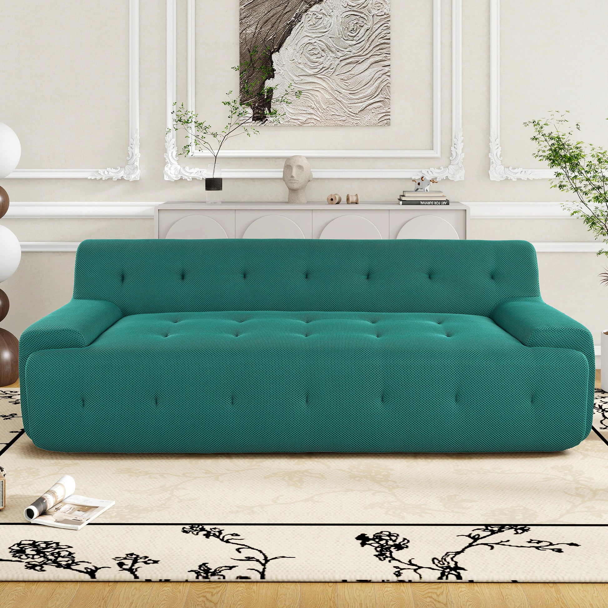 86.2'' Modern Minimalist Style Tufted Design Upholstered Sofa, 3 Seat Compression Sofa For Living Room, Bedroom, And Apartment Green Polyester 3 Seat